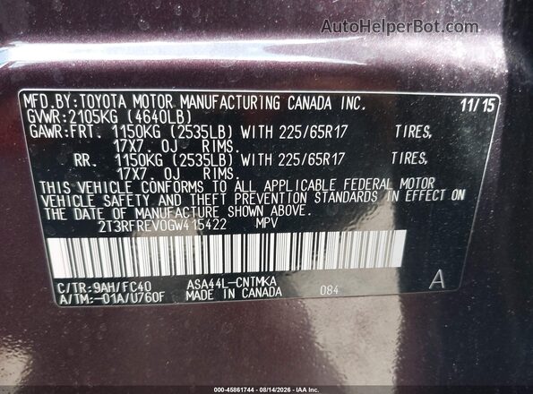 2T3RFREV0GW415422 2016 TOYOTA RAV4 Burgundy Շարժիչի բաժամունքի տեսք