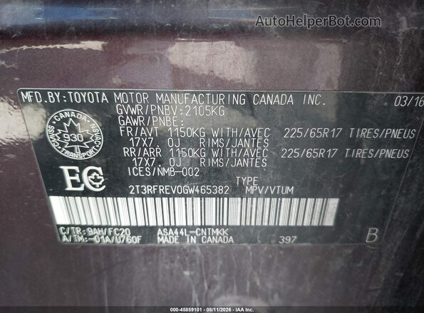 2T3RFREV0GW465382 2016 TOYOTA RAV4 Purple Vista del compartimento del motor