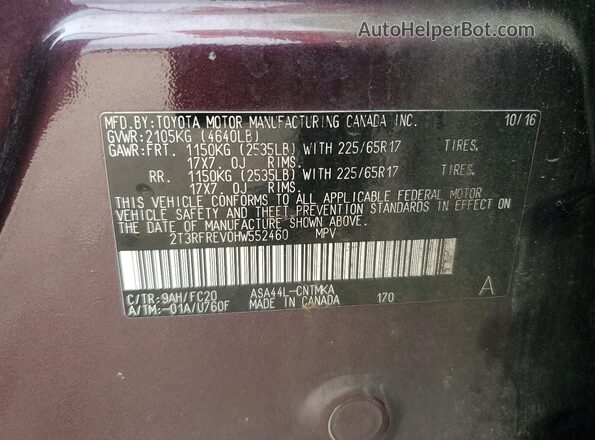 2T3RFREV0HW552460 2017 TOYOTA RAV4 Purple VIN კოდის სტიკერის ხედი