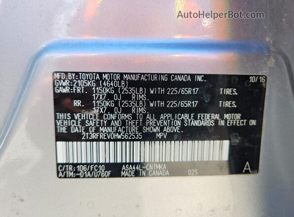 2T3RFREV0HW562535 2017 TOYOTA RAV4 Silver VIN კოდის სტიკერის ხედი