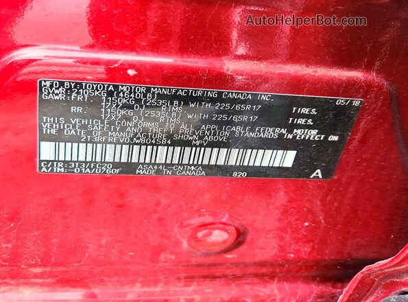2T3RFREV0JW804584 2018 TOYOTA RAV4 Red Շարժիչի բաժամունքի տեսք