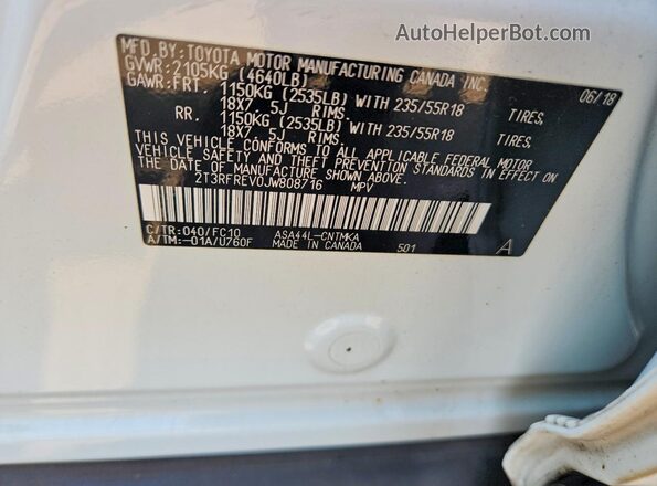 2T3RFREV0JW808716 2018 TOYOTA RAV4 White VIN sticker view