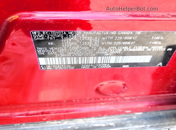 2T3RFREV1JW725148 2018 TOYOTA RAV4 Red VIN კოდის სტიკერის ხედი