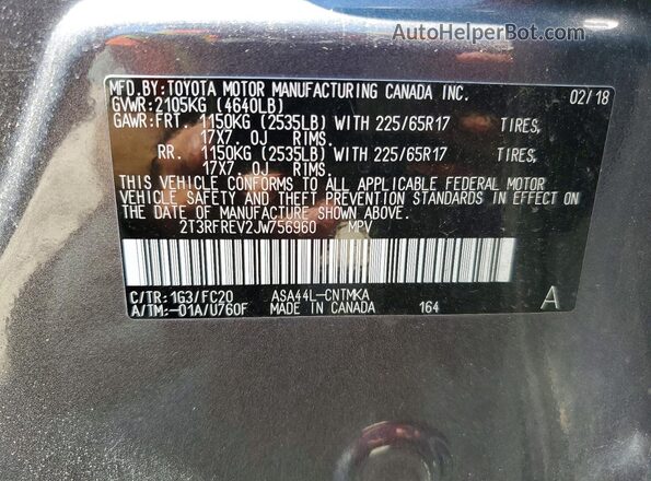 2T3RFREV2JW756960 2018 TOYOTA RAV4 Gray Vista interior de 360 grados