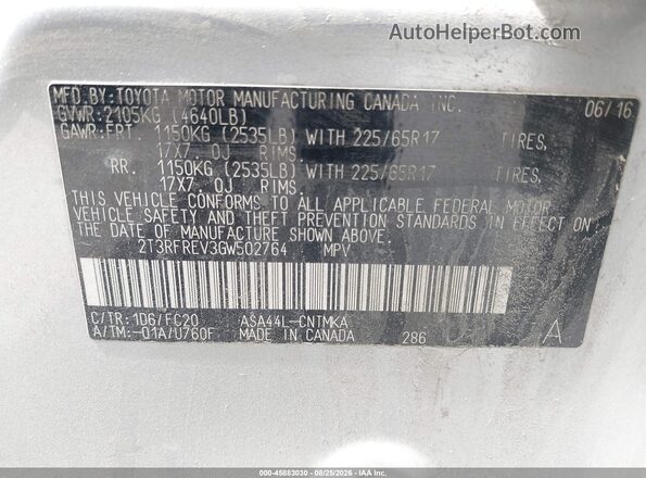 2T3RFREV3GW502764 2016 TOYOTA RAV4 Silver Շարժիչի բաժամունքի տեսք