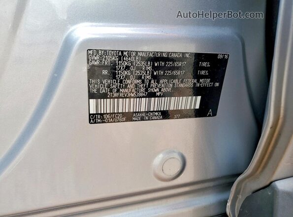 2T3RFREV3HW539847 2017 TOYOTA RAV4 Silver Вид наклейки з VIN-кодом