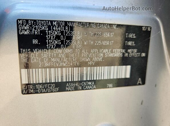 2T3RFREV3HW554106 2017 TOYOTA RAV4 Silver VIN կոդի պիտակի տեսք
