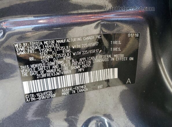 2T3RFREV3JW749869 2018 TOYOTA RAV4 Серый Вид наклейки с VIN-кодом