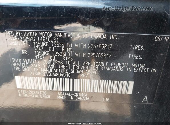 2T3RFREV3JW804918 2018 TOYOTA RAV4 Black ძრავის განყოფილების ხედი