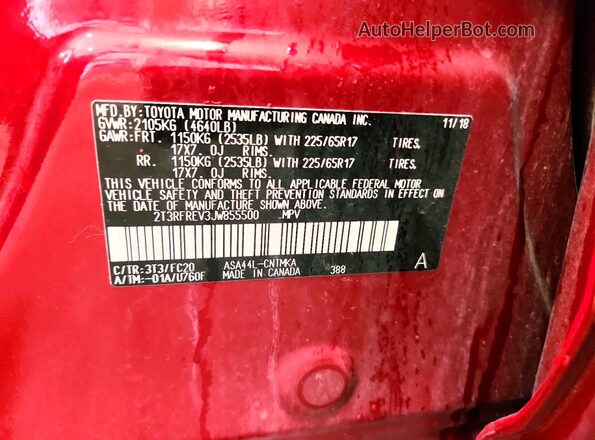 2T3RFREV3JW855500 2018 TOYOTA RAV4 Красный Вид наклейки с VIN-кодом