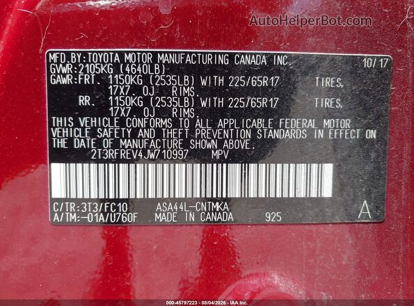 2T3RFREV4JW710997 2018 TOYOTA RAV4 Red ძრავის განყოფილების ხედი