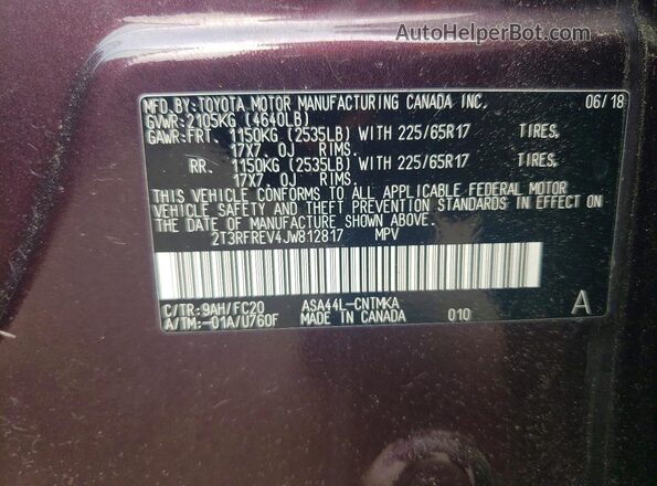2T3RFREV4JW812817 2018 TOYOTA RAV4 Purple Widok wnętrza 360 stopni