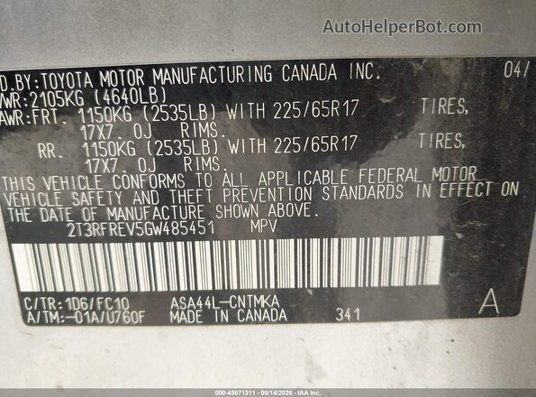 2T3RFREV5GW485451 2016 TOYOTA RAV4 Silver Вид підкапотного простору