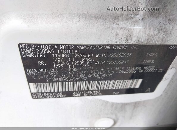 2T3RFREV5GW515967 2016 TOYOTA RAV4 White Engine compartment view