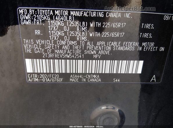 2T3RFREV5HW542541 2017 TOYOTA RAV4 Black Շարժիչի բաժամունքի տեսք