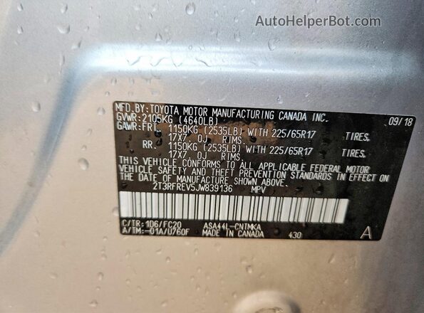 2T3RFREV5JW839136 2018 TOYOTA RAV4 Silver Widok naklejki z numerem VIN