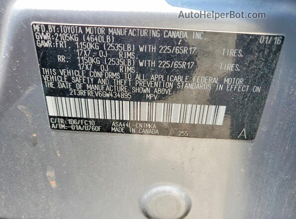 2T3RFREV6GW434895 2016 TOYOTA RAV4 Silver Widok naklejki z numerem VIN