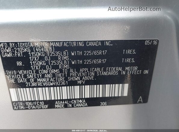 2T3RFREV6GW492361 2016 TOYOTA RAV4 Silver Vista del compartimento del motor