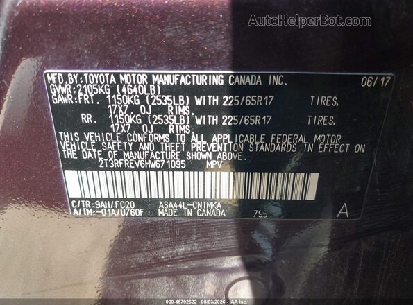 2T3RFREV6HW671095 2017 TOYOTA RAV4 Purple Вид підкапотного простору