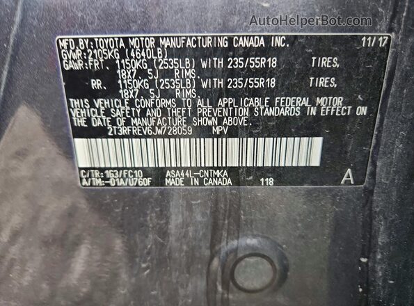 2T3RFREV6JW728059 2018 TOYOTA RAV4 Gray Вид підкапотного простору