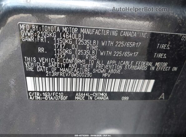 2T3RFREV7GW500290 2016 TOYOTA RAV4 Gray Widok komory silnika