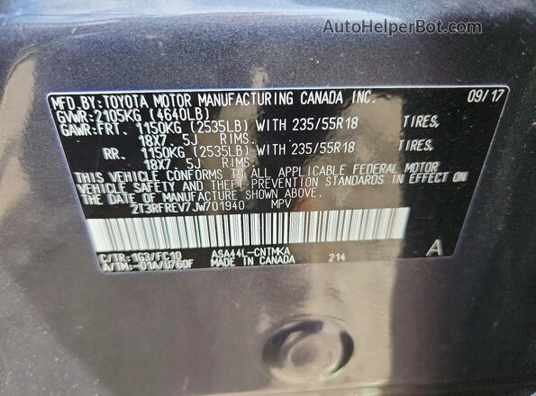 2T3RFREV7JW701940 2018 TOYOTA RAV4 Gray VIN կոդի պիտակի տեսք