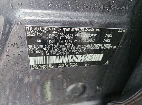 2T3RFREV7JW775438 2018 TOYOTA RAV4 Gray VIN კოდის სტიკერის ხედი