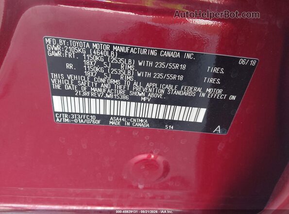 2T3RFREV7JW815386 2018 TOYOTA RAV4 Red Շարժիչի բաժամունքի տեսք