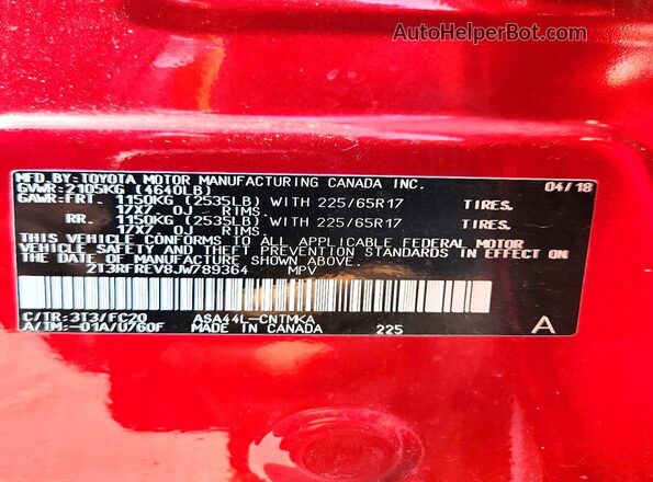 2T3RFREV8JW789364 2018 TOYOTA RAV4 Красный Вид наклейки с VIN-кодом