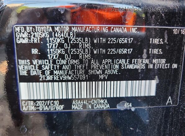2T3RFREV9HW557091 2017 TOYOTA RAV4 Black VIN կոդի պիտակի տեսք