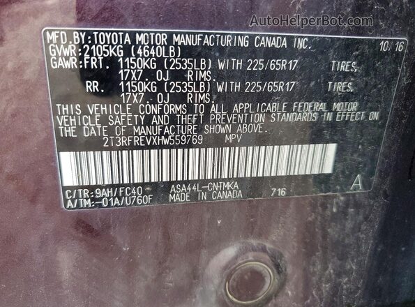 2T3RFREVXHW559769 2017 TOYOTA RAV4 Burgundy VIN sticker view
