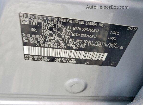 2T3RFREVXHW645227 2017 TOYOTA RAV4 Silver VIN sticker view