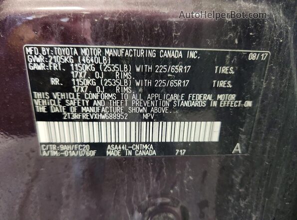 2T3RFREVXHW688952 2017 TOYOTA RAV4 Purple Շարժիչի բաժամունքի տեսք