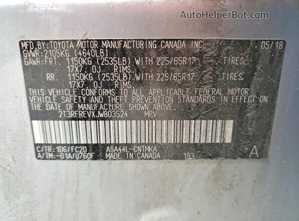 2T3RFREVXJW803524 2018 TOYOTA RAV4 Silver Vista del compartimento del motor