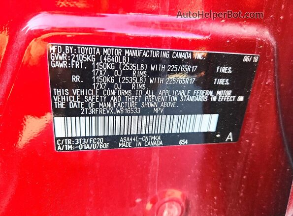 2T3RFREVXJW816533 2018 TOYOTA RAV4 Red Շարժիչի բաժամունքի տեսք