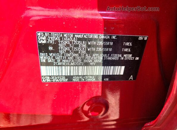 2T3RFREVXJW835972 2018 TOYOTA RAV4 Red Вид наклейки з VIN-кодом