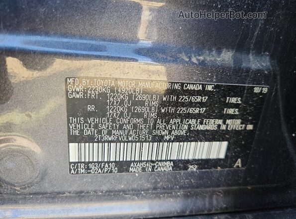 2T3RWRFV0LW051513 2020 TOYOTA RAV4 Gray Вид наклейки з VIN-кодом