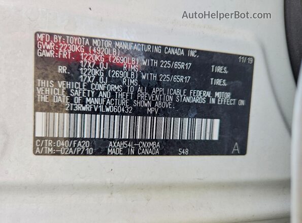 2T3RWRFV1LW060432 2020 TOYOTA RAV4 White სალონის 360-გრადუსიანი ხედი