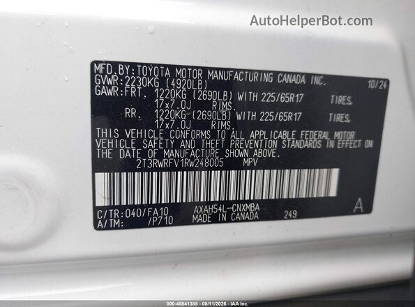 2T3RWRFV1RW248005 2024 TOYOTA RAV4 HYBRID Белый Вид подкапотного пространства
