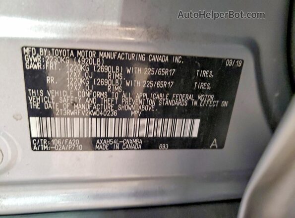 2T3RWRFV2KW040236 2019 TOYOTA RAV4 Silver სალონის 360-გრადუსიანი ხედი