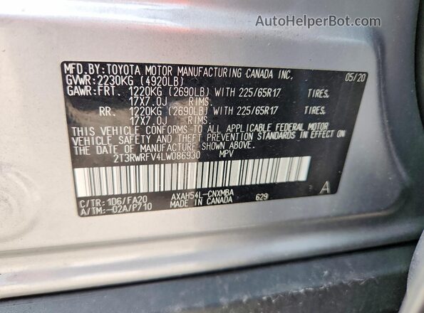 2T3RWRFV4LW086930 2020 TOYOTA RAV4 Silver Սալոնի 360 աստիճան տեսք