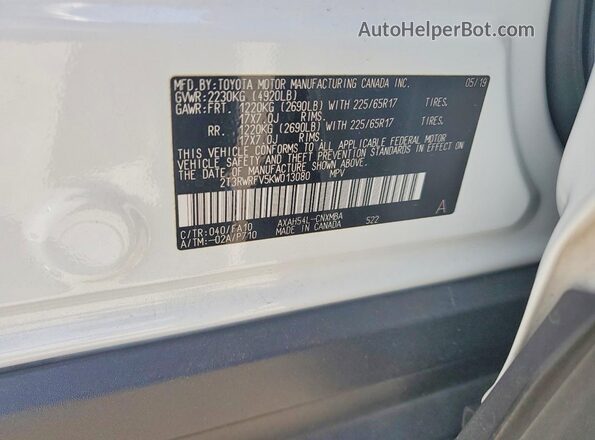 2T3RWRFV5KW013080 2019 TOYOTA RAV4 White Vista interior de 360 grados