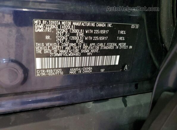 2T3RWRFV5LW084863 2020 TOYOTA RAV4 Blue VIN կոդի պիտակի տեսք