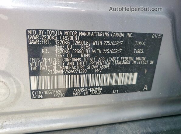 2T3RWRFV5SW271390 2025 TOYOTA RAV4 Silver VIN կոդի պիտակի տեսք
