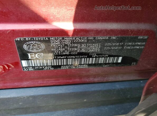 2T3RWRFV6MW103454 2021 TOYOTA RAV4 Red Vista de la etiqueta del VIN