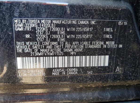 2T3RWRFV7KW011525 2019 TOYOTA RAV4 Black Vista de la etiqueta del VIN