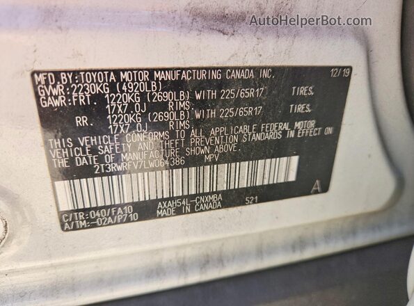 2T3RWRFV7LW064386 2020 TOYOTA RAV4 White VIN կոդի պիտակի տեսք