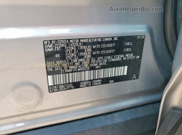 2T3RWRFV7LW068258 2020 TOYOTA RAV4 Silver VIN კოდის სტიკერის ხედი