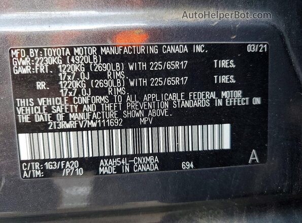 2T3RWRFV7MW111692 2021 TOYOTA RAV4 Gray Widok wnętrza 360 stopni