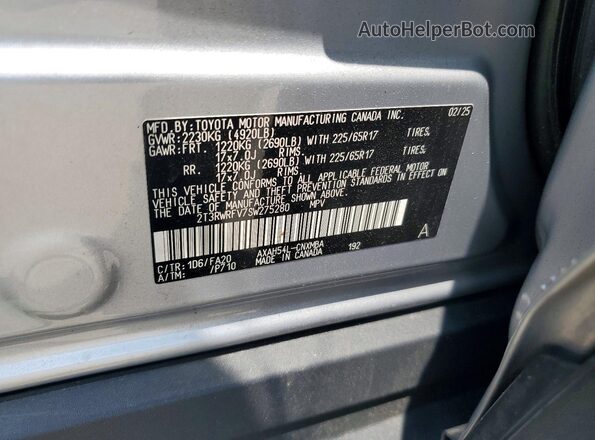 2T3RWRFV7SW275280 2025 TOYOTA RAV4 Silver VIN კოდის სტიკერის ხედი